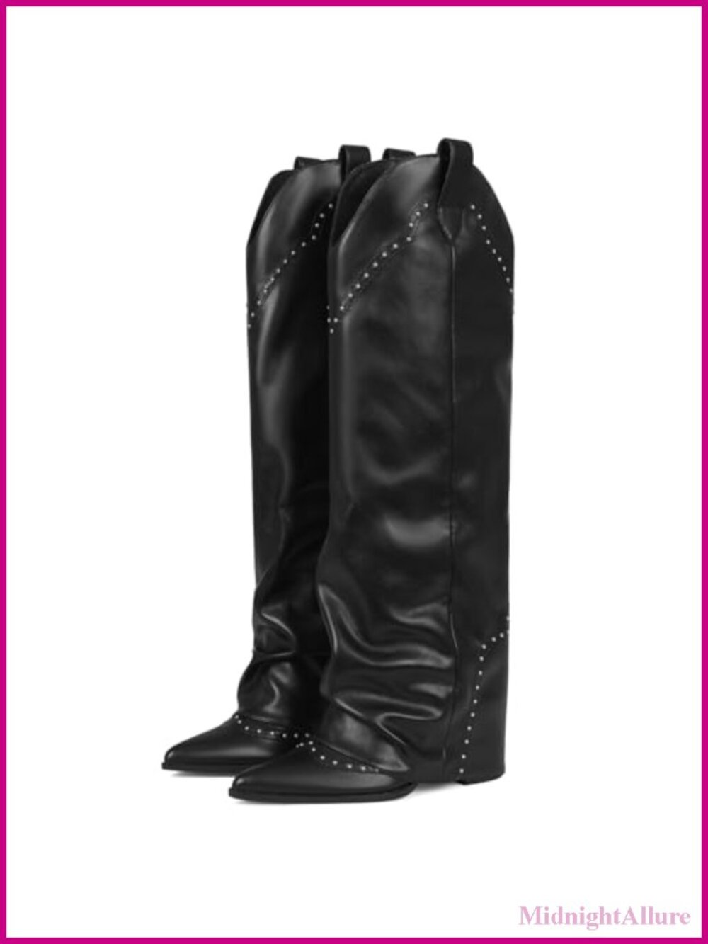 Knee High Faux Leather Cowgirl Boots Metal Studs Snip Toe 3.7 Inch Heel